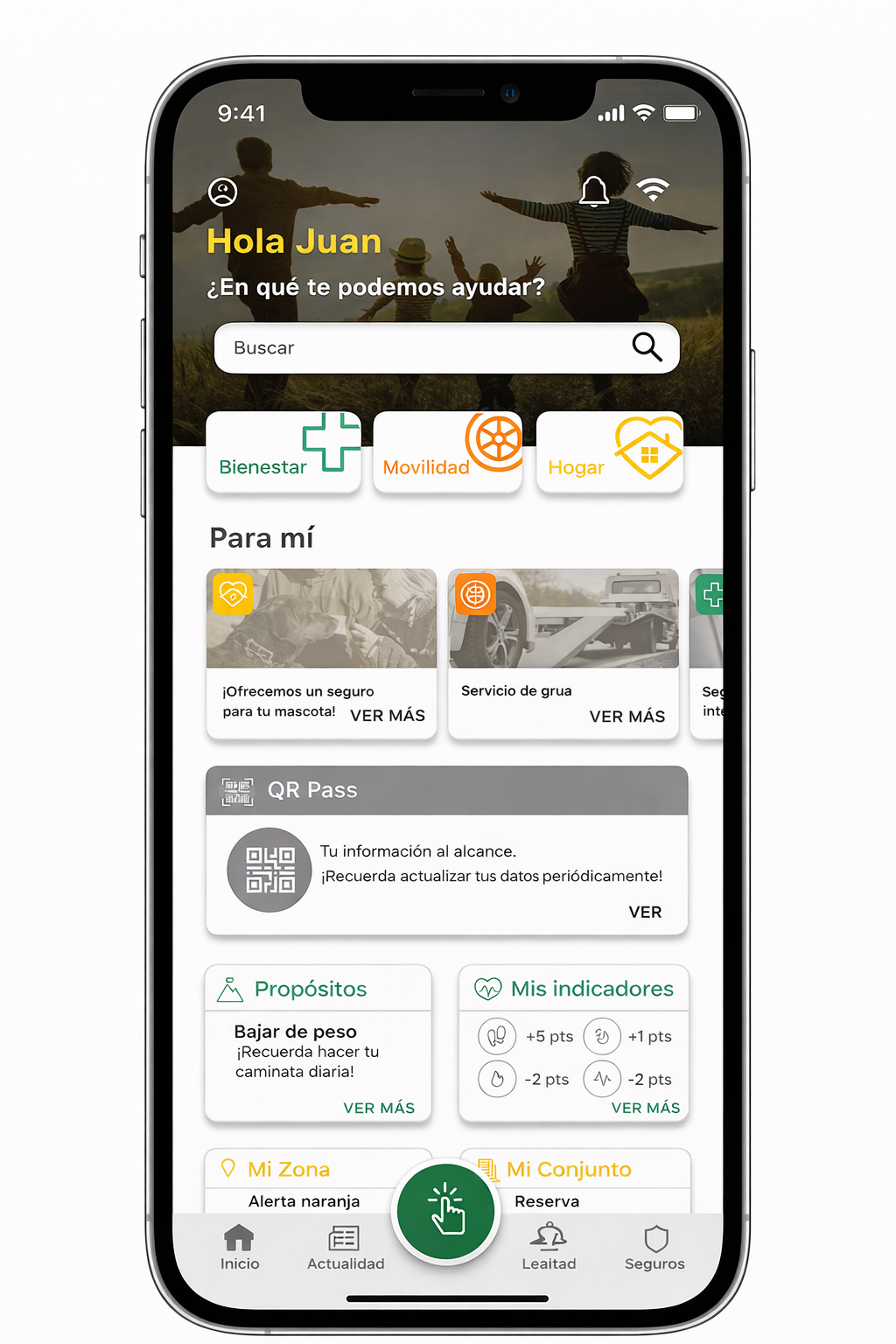 Bolívar Conmigo unified insurance categories screen