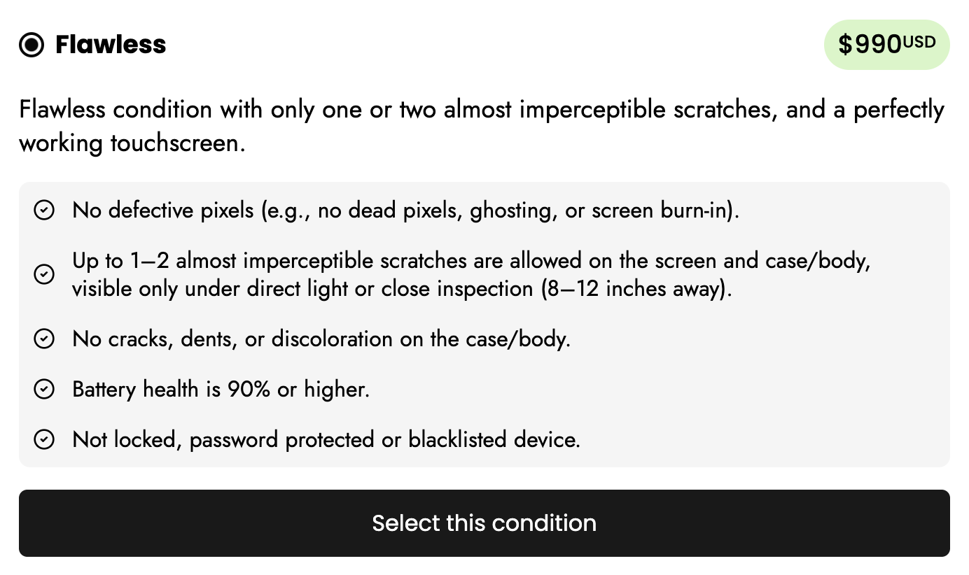 Current live condition-selection card showing visible price and a dense spec checklist