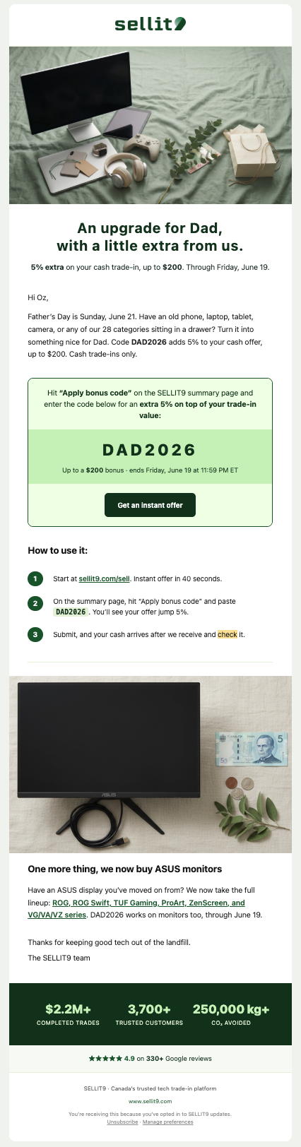 SELLIT9 Father's Day newsletter with bonus code