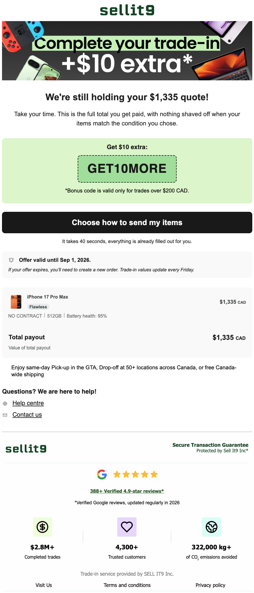 SELLIT9 abandoned cart email, redesigned with a clear single offer and CTA