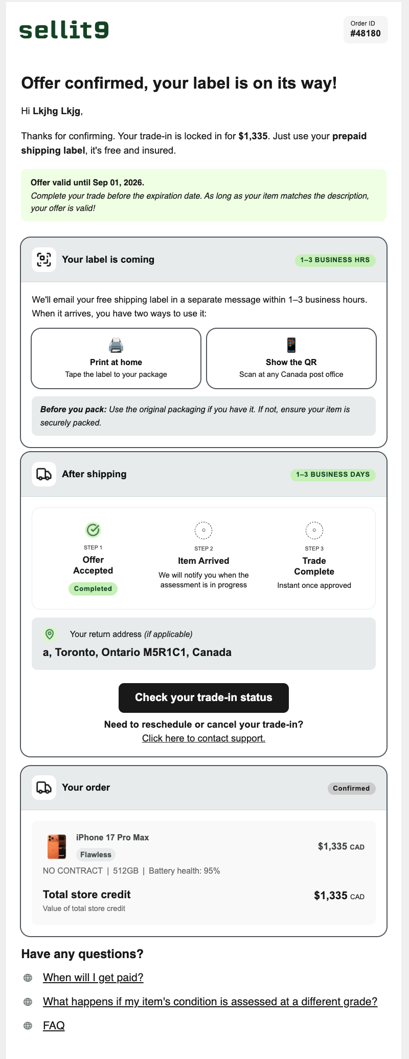 SELLIT9 transactional email, redesigned as a scannable step timeline