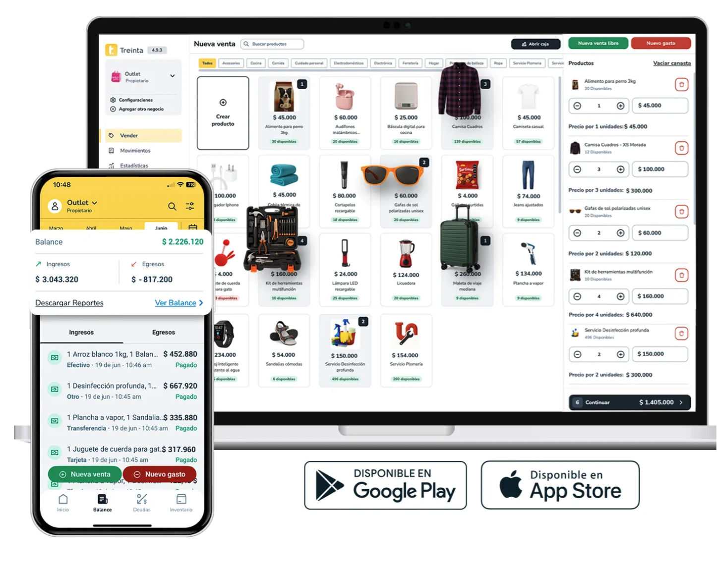 Treinta app on desktop and mobile, showing the sales and balance screens